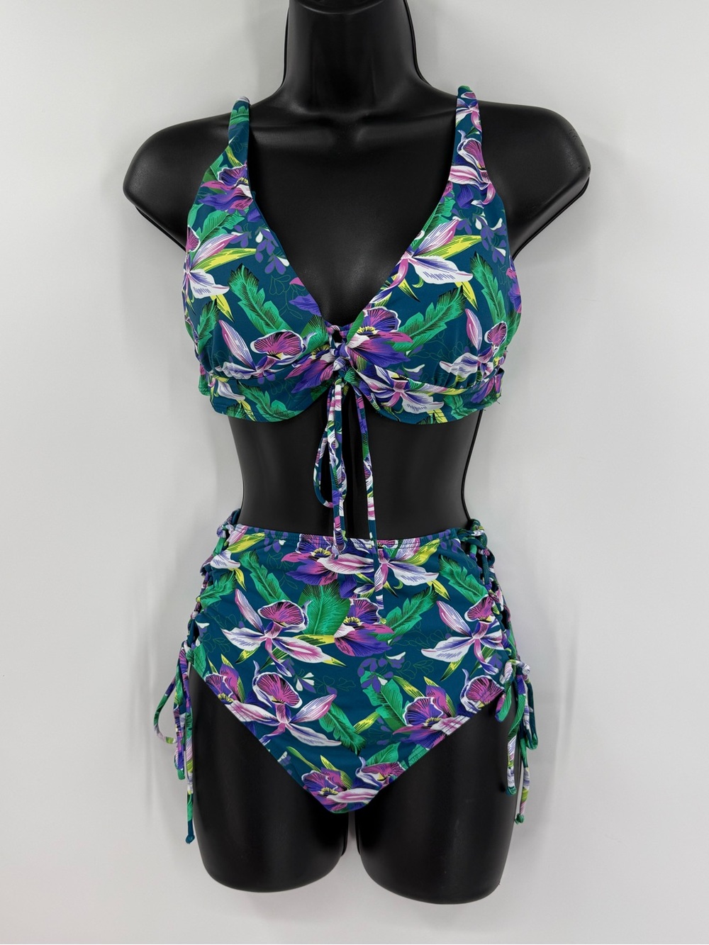 Beach Joy Bikini Floral Tie Front Two Piece Swimsuit | Teal Multicolor | Medium